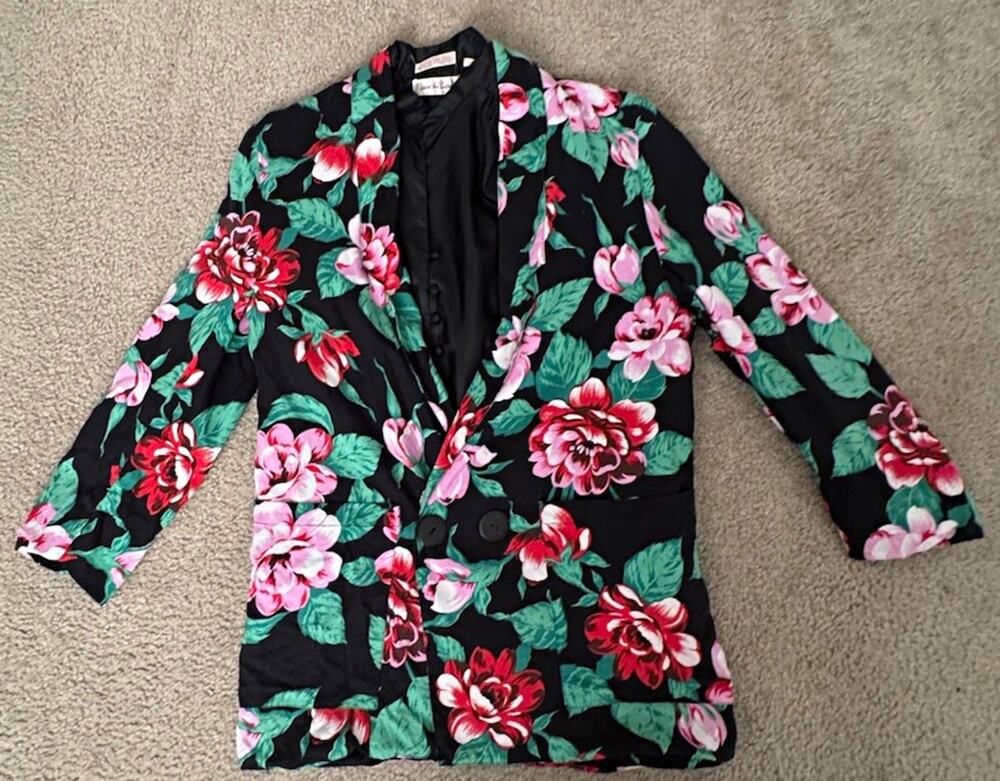 Vintage Diane von Furstenberg 10 Floral Rayon Blazer Black Blouse 2Pc Set